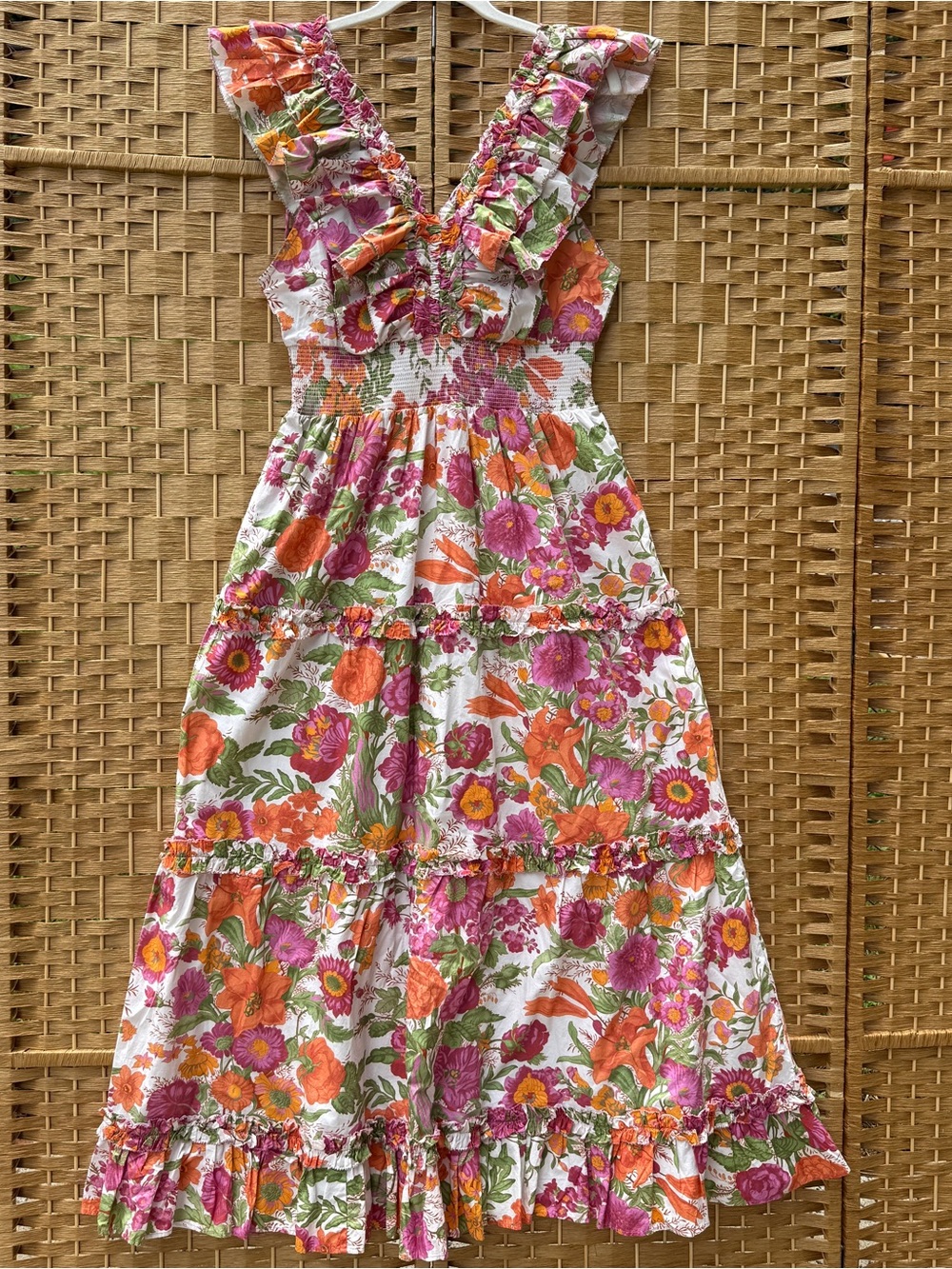 Love The Label Azalea Midi Dress Jolie Print Smocked Ruffles Women’s Large